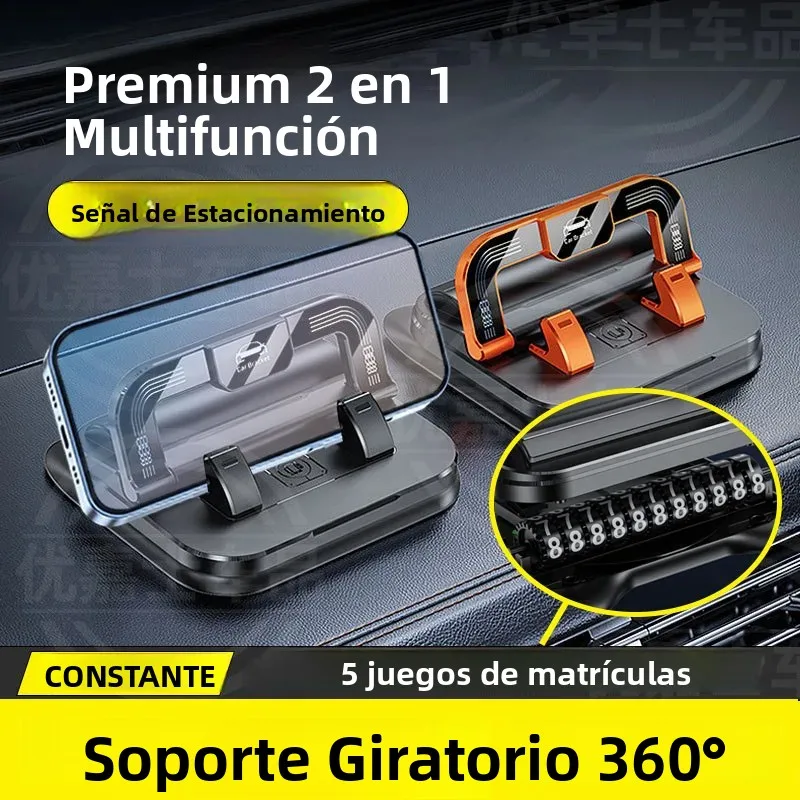 360 °   Soporte de teléfono para salpicadero de rotación, soporte de tarjeta de estacionamiento temporal para coche, soporte de placa de número de coche con parte trasera adhesiva, soporte para teléfono