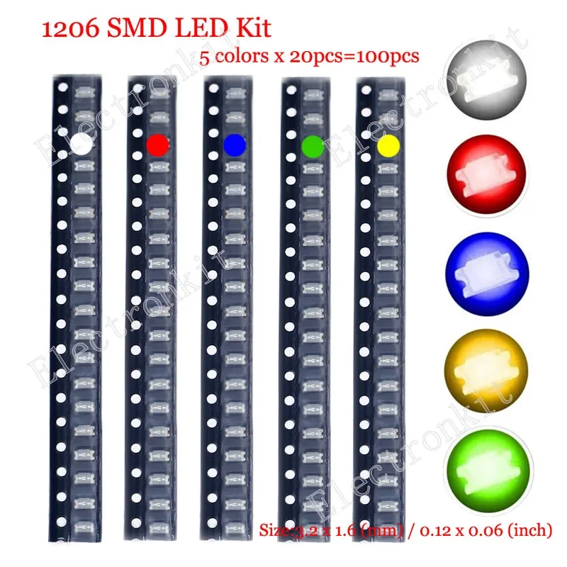 100 unids/lote SMD LED kit surtido 0402 0603 0805 1206 1210 5730 5050 rojo verde azul blanco amarillo conjunto de diodos led de 5 colores cada 20 - imagen 4