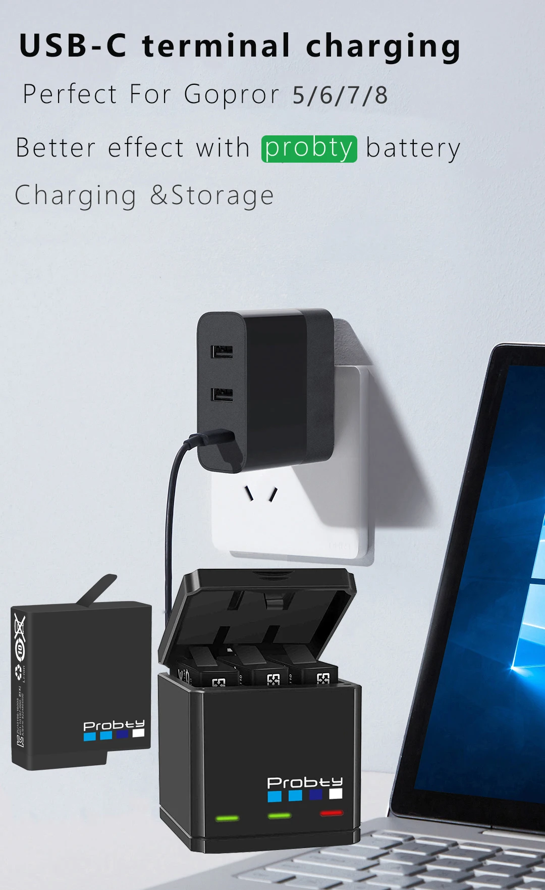 Probty-cargador de batería para GoPro Go Pro Hero 8, 7, 6, 5, cargador rápido negro de 3 vías con Cable tipo C, accesorios para Cámara de Acción - imagen 5