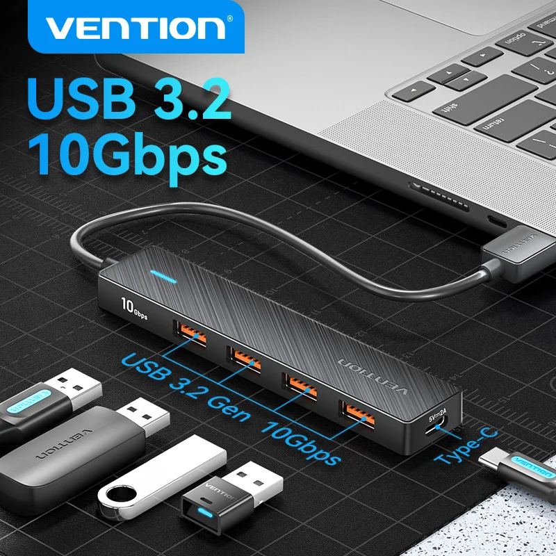 Vention Usb Hub 4 puertos ABS Hub USB 3,2 10Gbps para ordenador portátil adaptador multidivisor para Xiaomi Macbook PC accesorios de ordenador