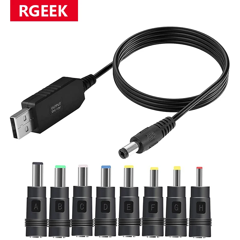 RGEEK 5,5*2,1mm 5V 9V 12V Cable USB convertidor de refuerzo Cable elevador 8 Uds Cable conectores para Wifi 12V enrutador módem ventilador Powerbank