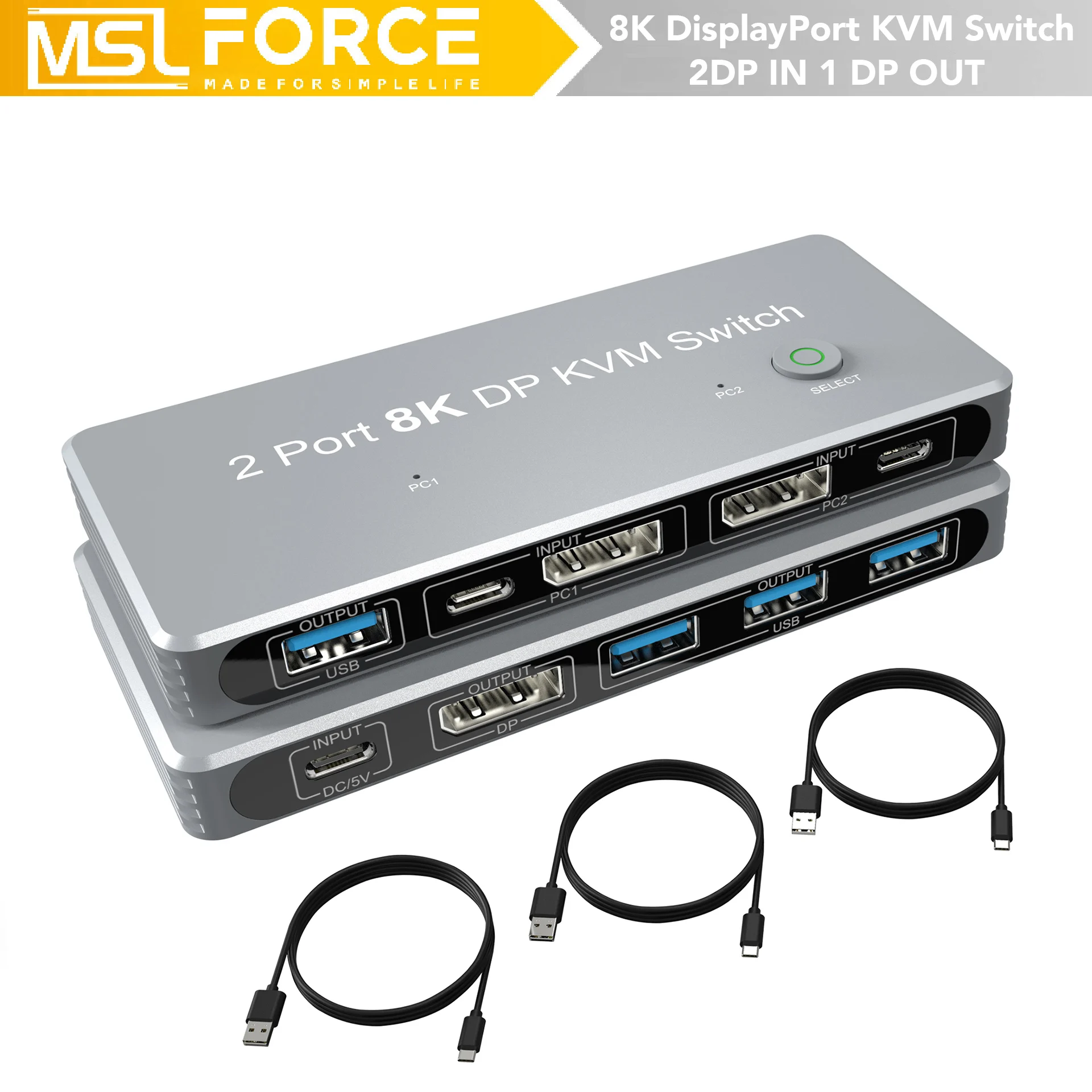 DisplayPort Dual USB KVM Switch 2 DP en 1 DP Out entradas mixtas DP 2 puertos 8K 60Hz 4K 144Hz KVM Share 1 Monitor para PC portátil DELL