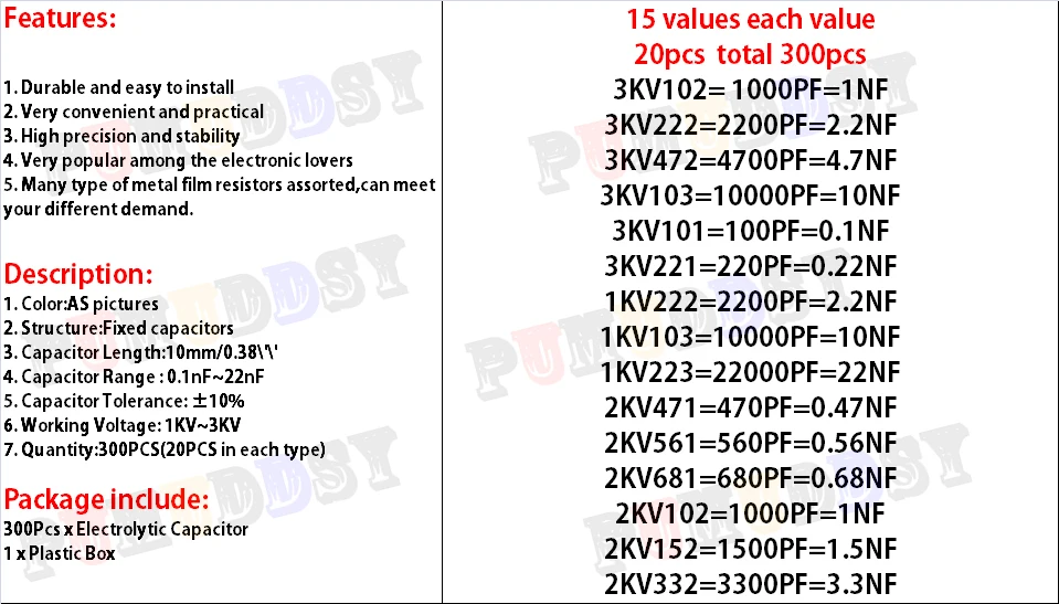 Juego de condensadores cerámicos de alto voltaje, kit surtido de 15 valores x 20 piezas, 1nf, 2.2nf, 10nf, 22nf, 0.47nf, 0.56nf-10nf - imagen 3