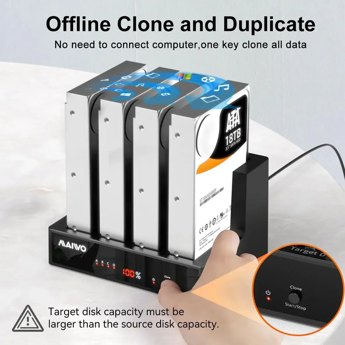 MAIWO Estación de acoplamiento HDD de 4 bahías SATA a USB3.0 Caja para SSD/HDD de 2,5 ''/3,5'' con pantalla digital Soporte clon sin conexión - imagen 3