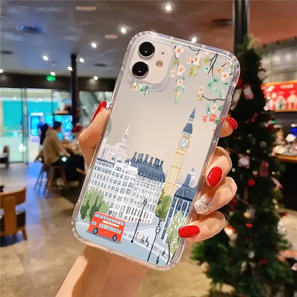 Encantador paisaje urbano de Londres con flores rosas funda de teléfono transparente para iPhone 17 16 15 14 13 12 11 Pro Max XS XR 7 8 Plus - imagen 4