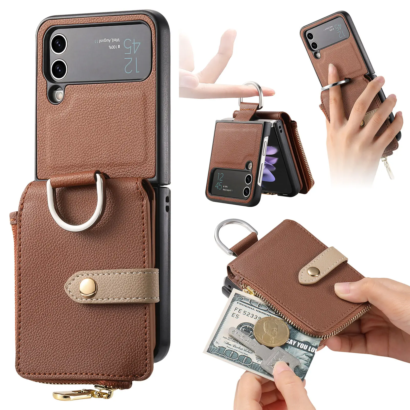 Funda de cuero con cremallera Vertical para Samsung Z Flip 5, 4, 3, 5G, soporte a prueba de golpes, monedero, anillo, soporte, funda de bolsillo