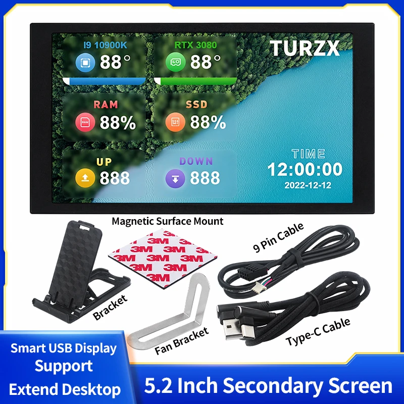 TURZX pantalla secundaria de 5,2 pulgadas interfaz de USB-C CPU GPU RAM pantalla inteligente 1280x720 soporte extender escritorio para Windows 10 11