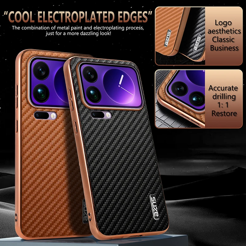 Funda de cuero para Xiaomi Mi 17 15 14 Pro Max Ultra, textura de fibra de carbono, parachoques chapado suave, carcasa a prueba de golpes, Fundas para teléfono - imagen 3