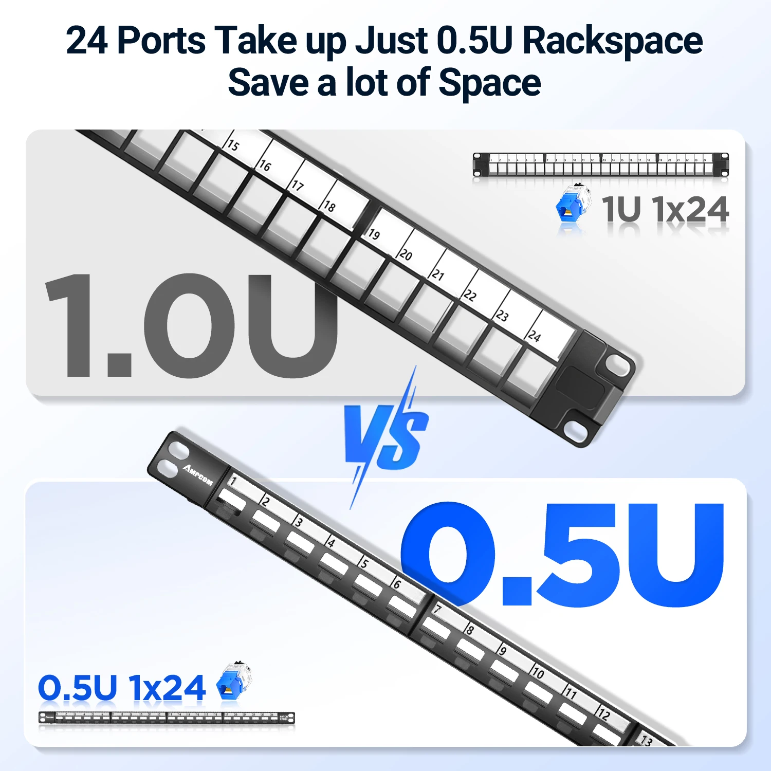 Panel de conexión Keystone en blanco AMPCOM 0.5U, 24 puertos de montaje en rack o en pared de 19 pulgadas con panel de gestión de cables trasero para cable Ethernet - imagen 3
