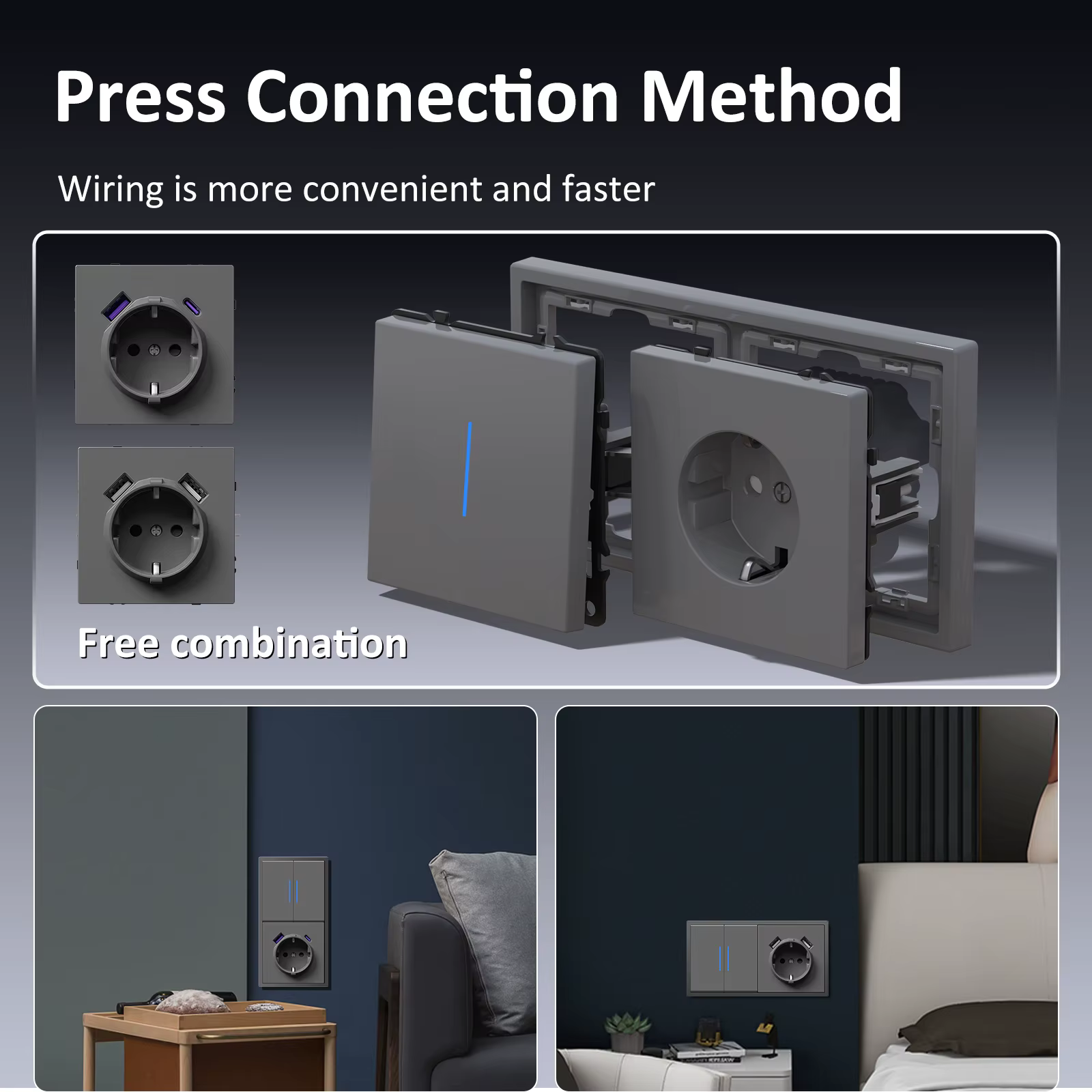 BSEED 1/2 interruptores de luz de pared enchufe de alimentación de la UE USB tipo c TV/ST/TL CAT6 mecanismo de enchufes de Internet piezas de bricolaje marcos de plástico - imagen 3