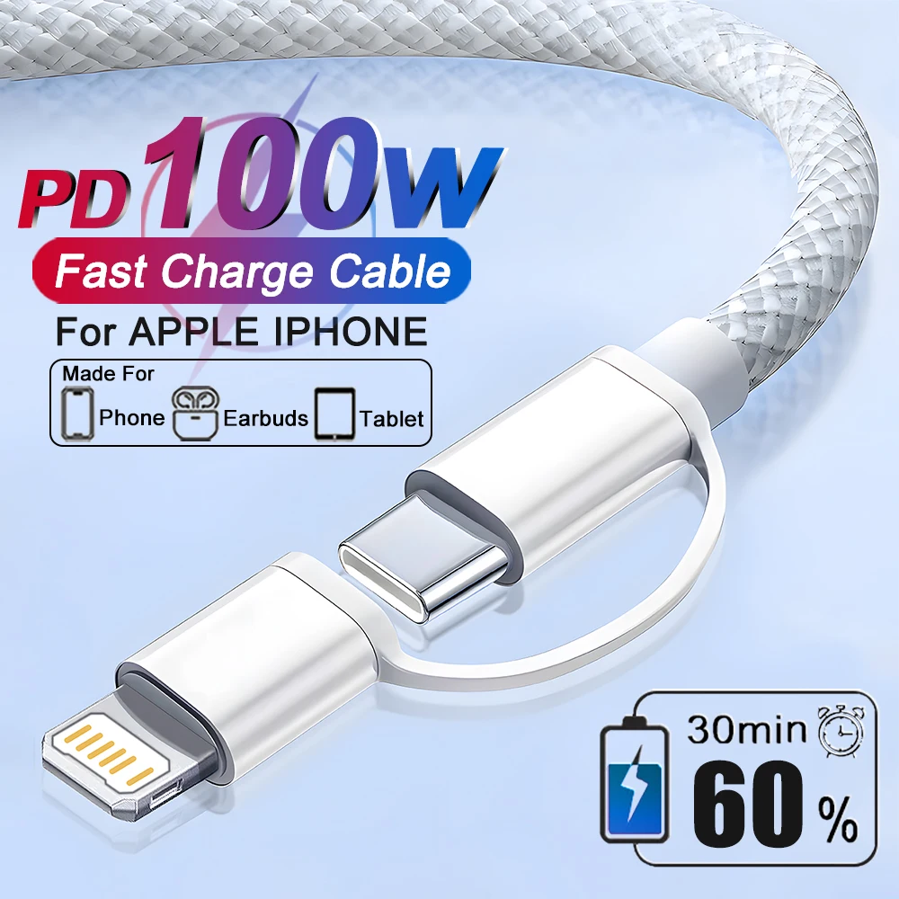 Cable USB de carga rápida tejido de 100W para Apple iPhone 14 13 12 11 17 Air 15 16 Pro Max Plus tipo C Cable de fecha accesorios de teléfono