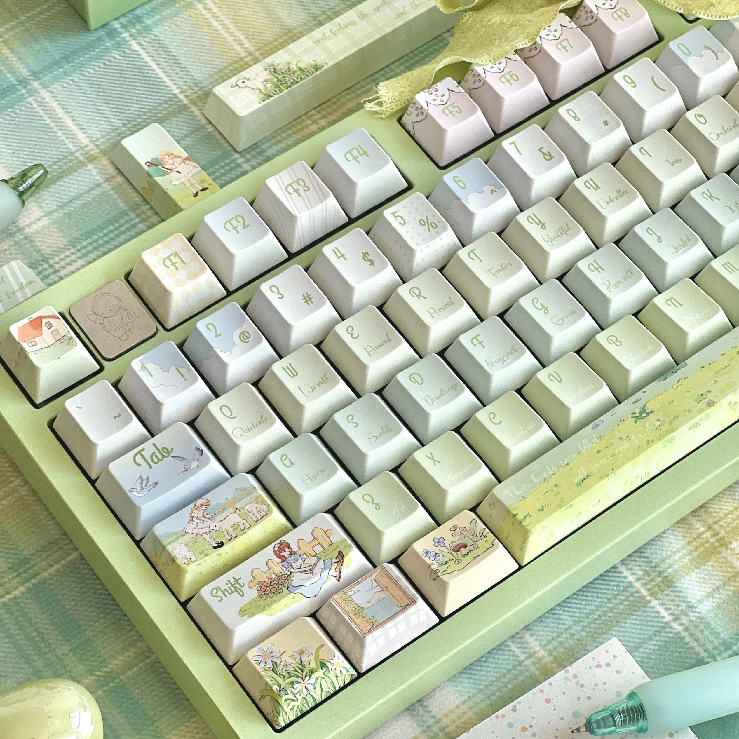 Teclas de campo de primavera de cuento de hadas, perfil de cereza, sublimación PBT, estilo rústico verde claro, teclas personalizadas para teclado mecánico - imagen 2