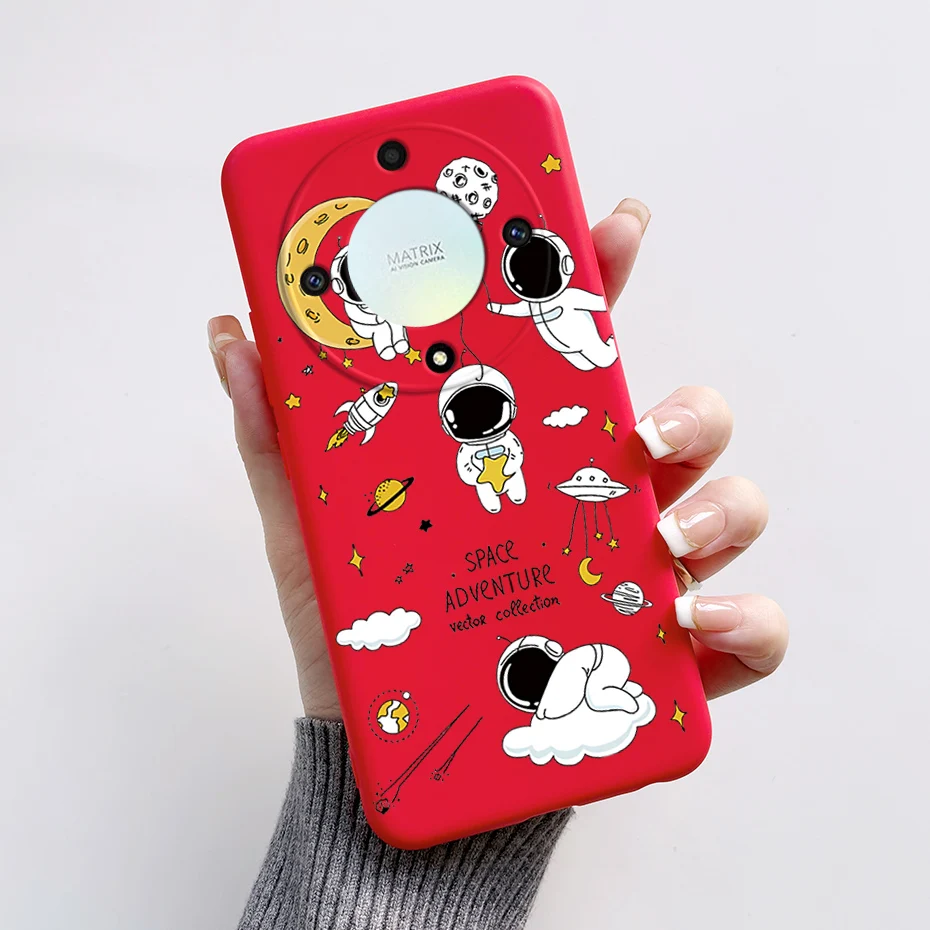 Un teléfono rojo con un tema espacial