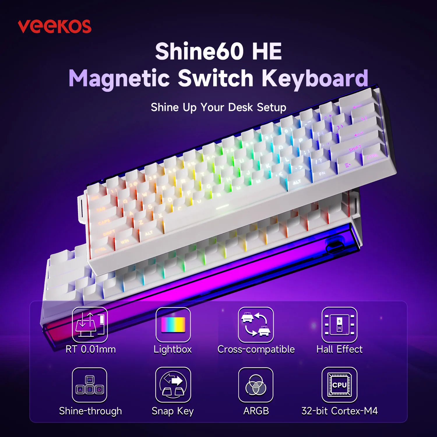 Veekos Shine60 HE Teclado mecánico interruptor magnético 60% teclado para juegos con cable/inalámbrico AGRB disparo rápido 8K teclado e-sport - imagen 2