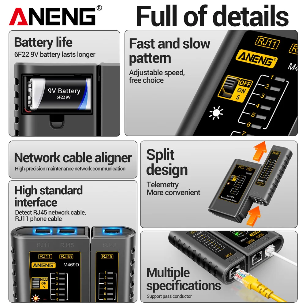 Probador de Cable de red ANENG M469D Analizador de red Ethernet RJ45 RJ11 RJ12 CAT5 UTP LAN Cable herramientas analizadoras de red vectorial - imagen 5