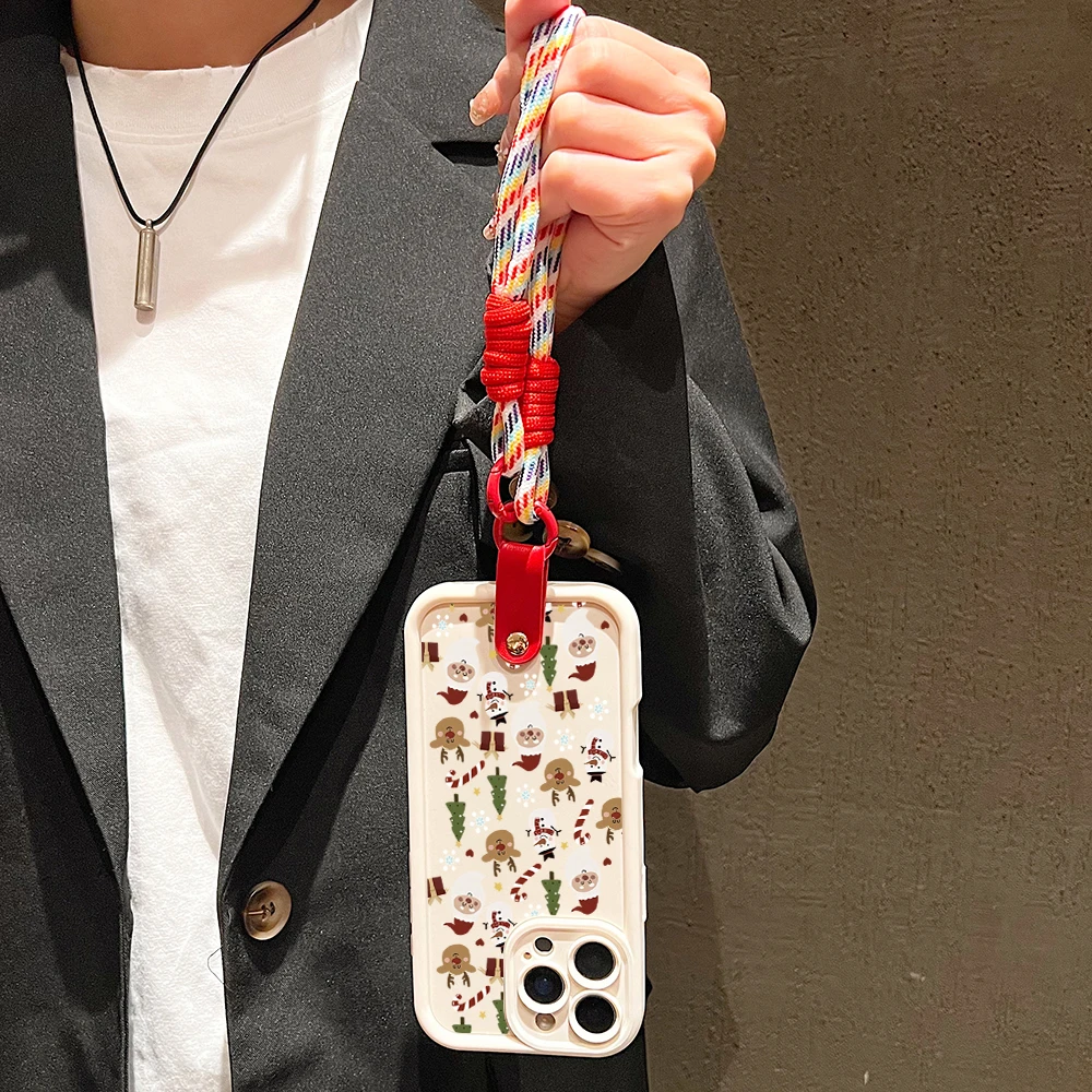 Bonita funda de teléfono con diseño de reno de Papá Noel para iPhone 17 16 15 14 13 12 11 Pro Max XS X XR 7 8 Plus 16E, funda con cordón para correa para la muñeca - imagen 4