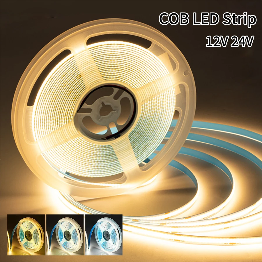 Tira de luces LED COB de alta densidad, cinta Flexible para decoración de habitación, DC 12V, 24V, 320 LEDs/m, 1M, 2M, 3M, 5M, 10M, 3000-6500K - imagen 2