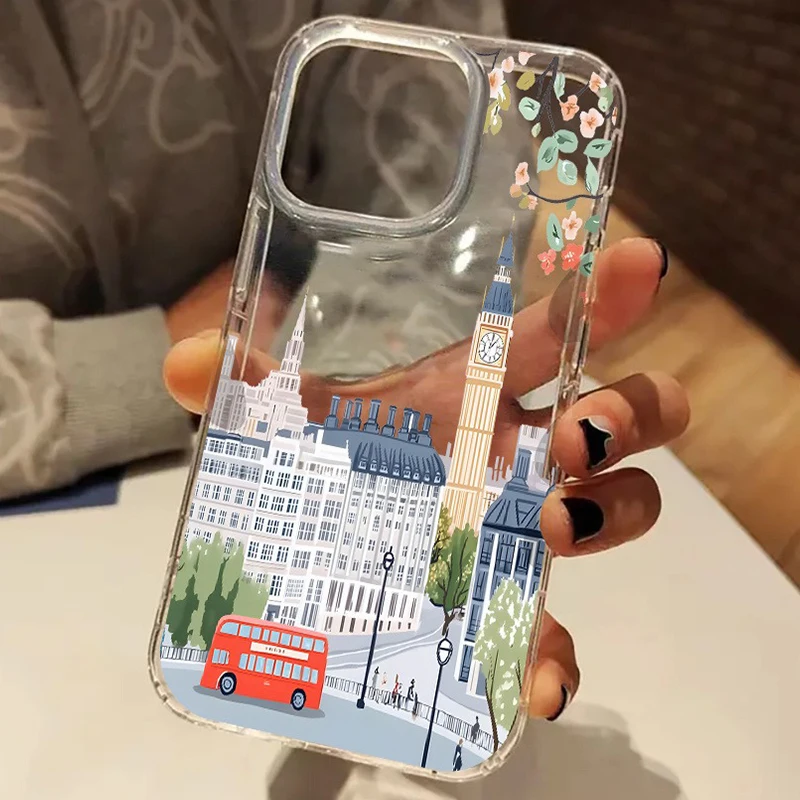 Encantador paisaje urbano de Londres con flores rosas funda de teléfono transparente para iPhone 17 16 15 14 13 12 11 Pro Max XS XR 7 8 Plus