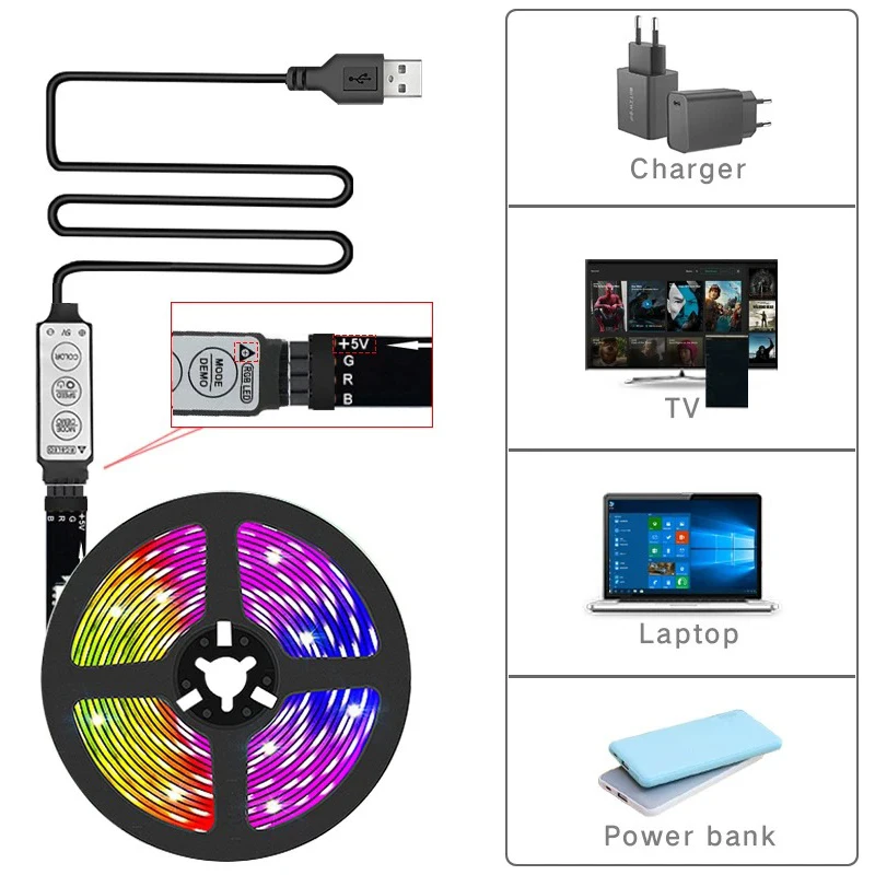 Tira de luces Led Bluetooth RGB 5050, cinta de luz Led inteligente, tiras de iluminación Led flexibles de 5V, adhesivo, tira de luces Led de 24 teclas con control remoto - imagen 5