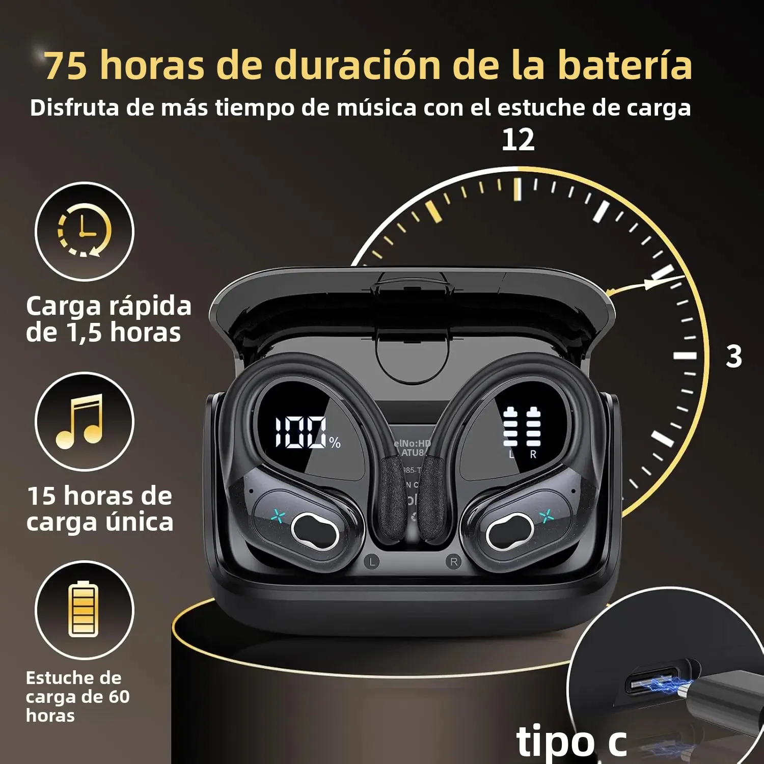 Auriculares TWS inalámbricos Bluetooth 5,4, auriculares con gancho para la oreja con pantalla Digital IPX7, auriculares estéreo HiFi con reducción de ruido, Control de botones - imagen 5