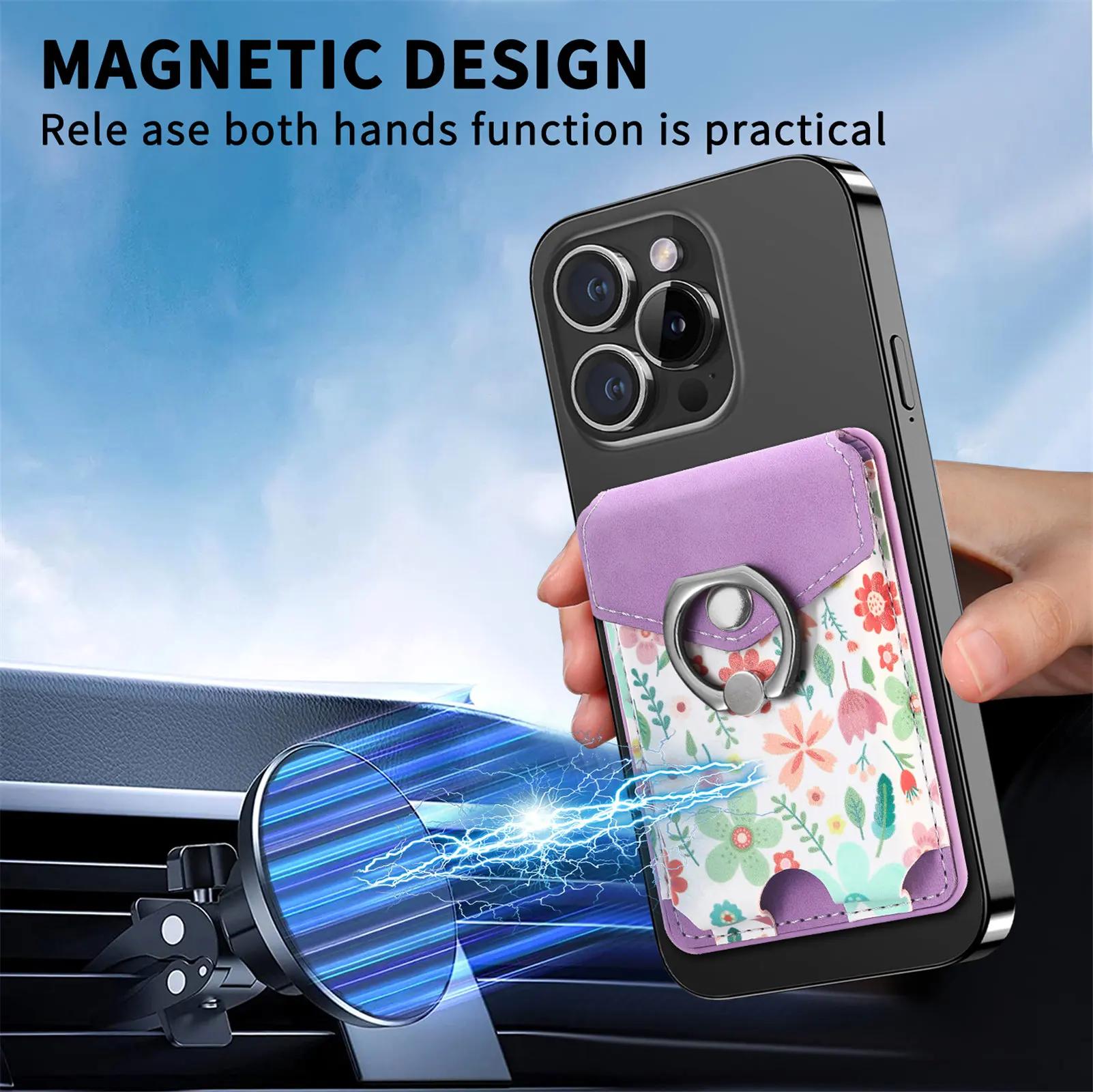 Bolsa de tarjetas magnéticas para iPhone, 15 Pro Max, 14 Plus, 13, 12, Magsafe, fuerte atracción, pintura, ranura para tarjeta, BILLETERA, soporte para anillo - imagen 3