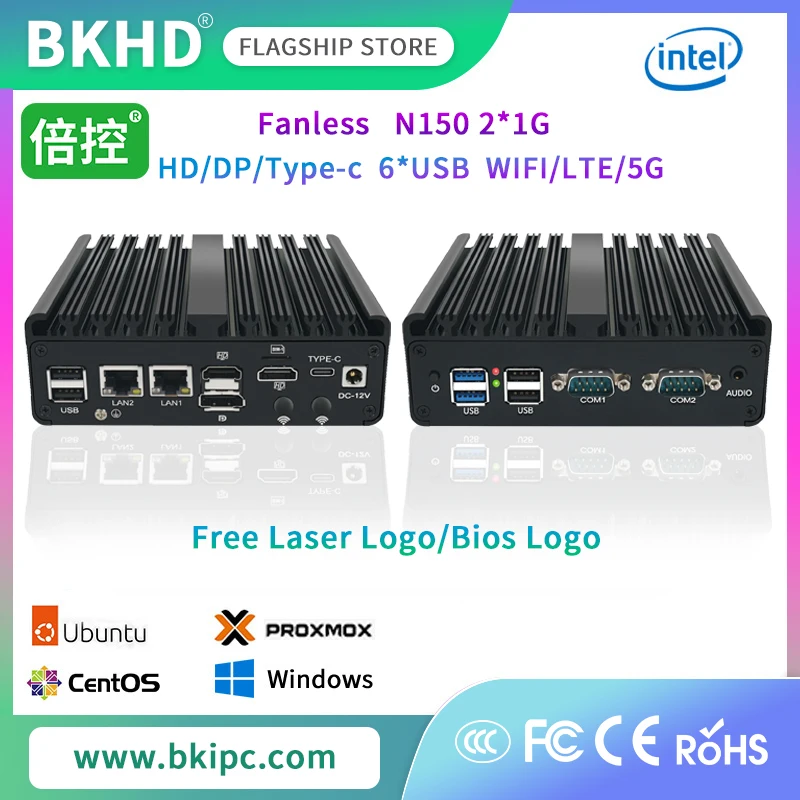 BKHD fábrica Mini enrutador suave sin ventilador 12. a generación N150 2*1G Gigabit Lan 2 * COM HD/DP/tipo-c 4 pantallas 6 * USB DDR5 WIFI/LTE/5G VPN - imagen 2