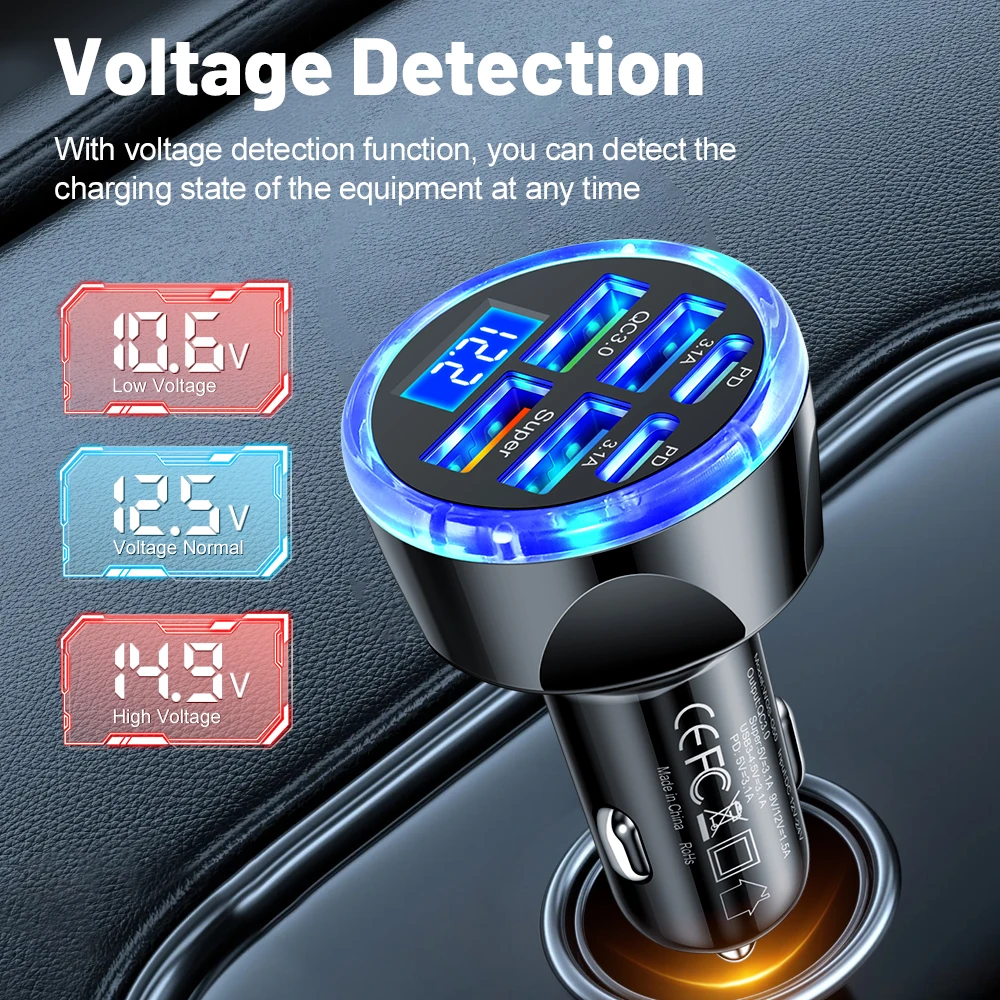 Cargador de coche 100W6 In1Ports carga rápida PD QC3.0 USBC cargador de teléfono de coche adaptador tipo C en coche para iPhone Samsung Huawei Xiaomi - imagen 5