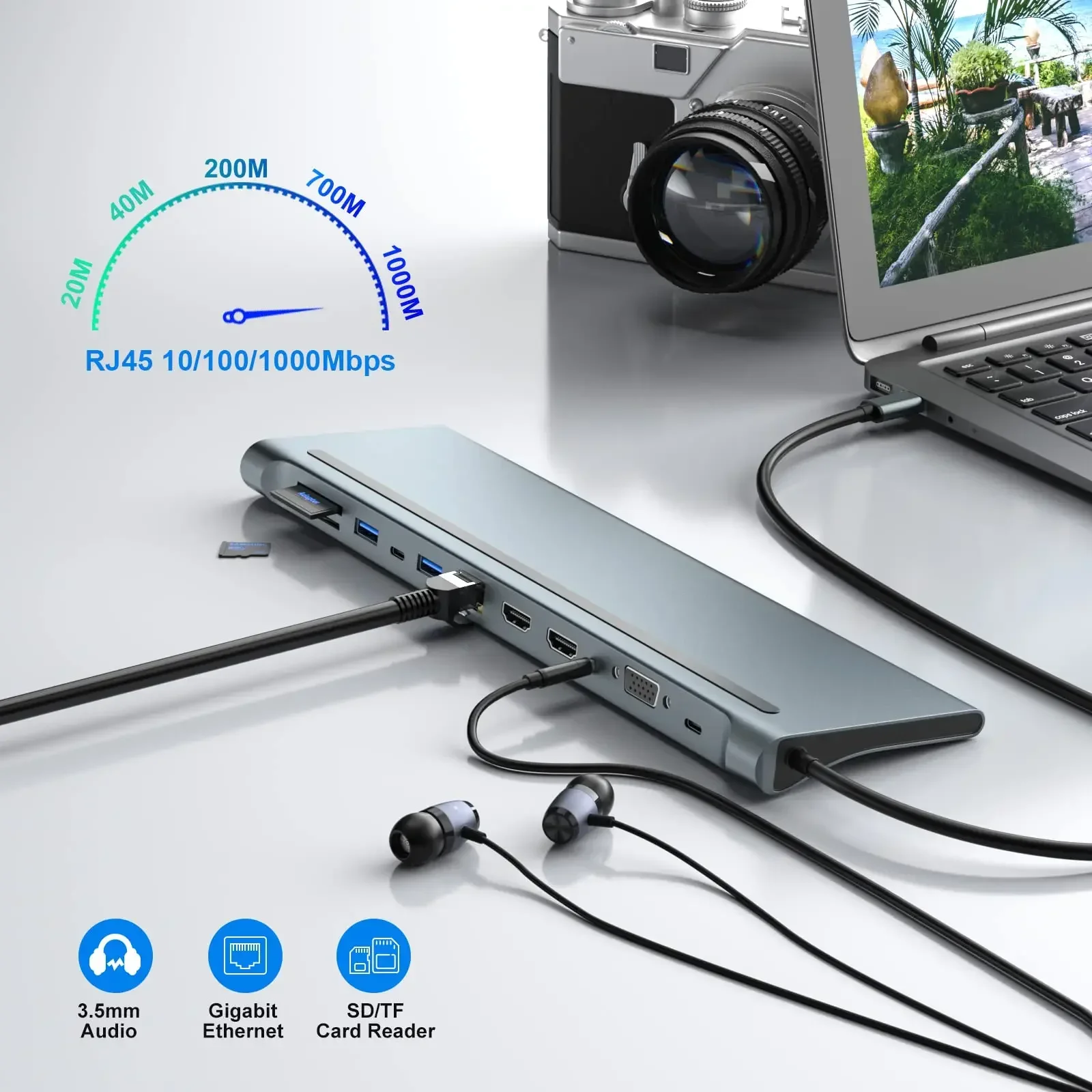 Estación de acoplamiento para ordenador portátil MST USB C con puertos USB Dual 4K HDTV VGA 3,5 Audio PD 100W SD TF Ethernet portátil para MacBook Dell XPS - imagen 3