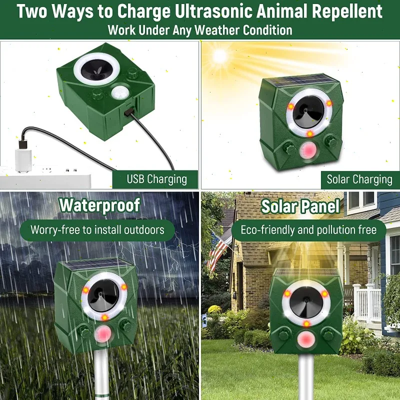 Repelente solar de animales Repelentes ultrasónicos de energía solar recargable Alarma de luz LED - imagen 2