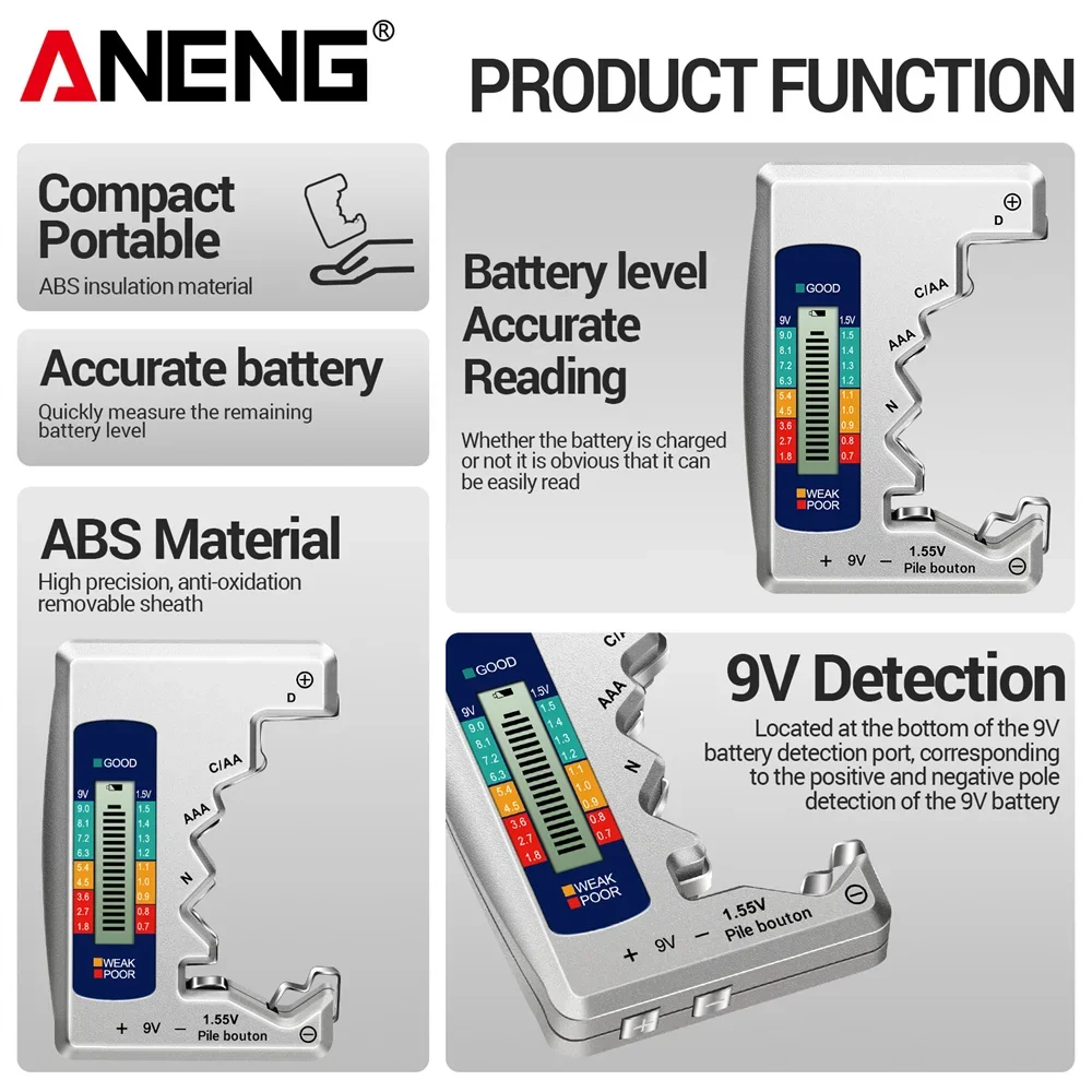ANENG-probadores de pilas de botón con pantalla LCD C AA AAA D N 9V 1,55 V, Detector de capacidad de voltios Universal, herramientas de capacitancia - imagen 4