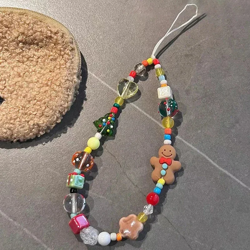 Coreano encantador 3D Navidad hombre de jengibre con cuentas teléfono acrílico colgante llavero para IPhone chica Anti-Pérdida cadena colgante joyería - imagen 2