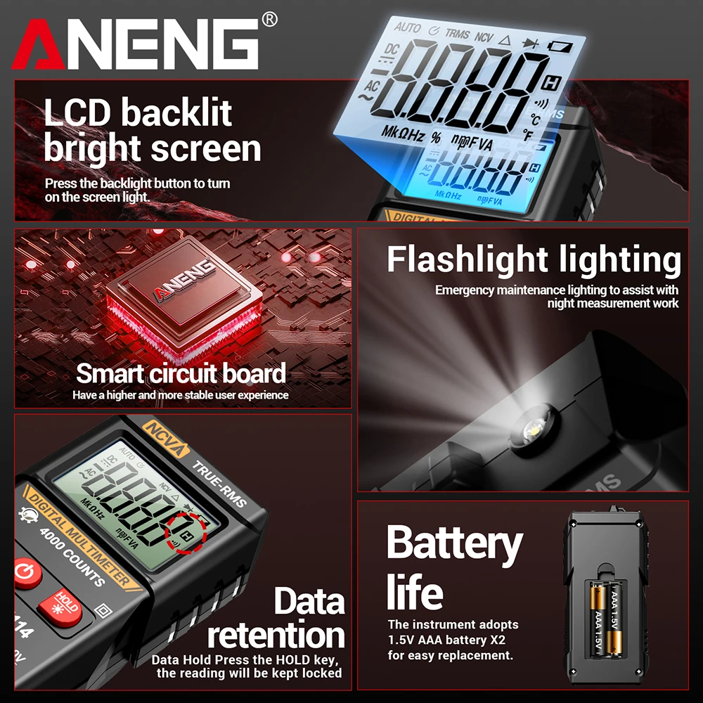 Mini multímetro inteligente ANENG M114, rango automático, voltaje CA, 4000 recuentos, resistencia NCV, datos, herramientas de prueba de retención de pitido de encendido y apagado - imagen 5