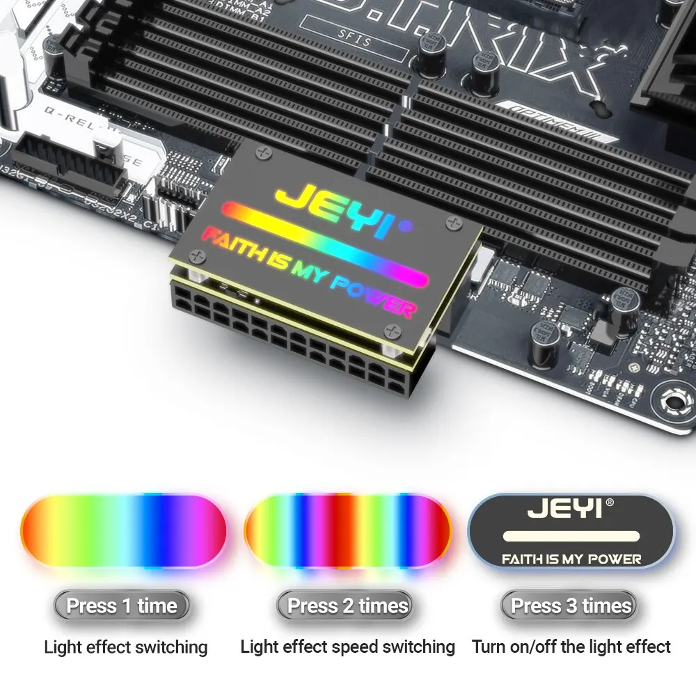 JEYI-adaptador de corriente para placa base, dispositivo ATX de 24 Pines, 90 °, RGB, 18 modos de luz, hembra a macho, 90 grados, suministro para PC de escritorio - imagen 3