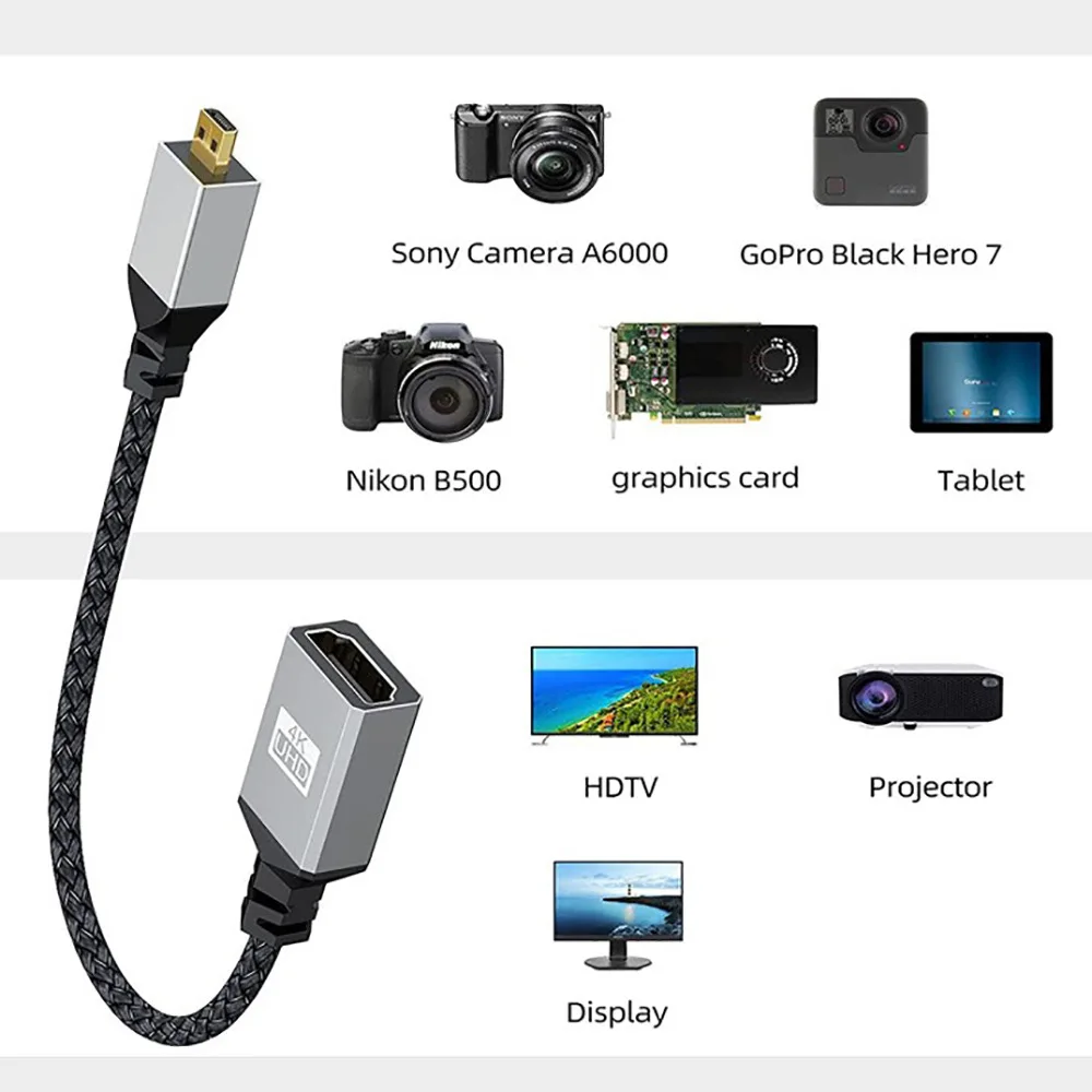 Cable de extensión HD 4K @ 60Hz Micro HDMI 2,0 macho a hembra compatible con HDMI, 0,2 M recto/izquierdo/Derecho/arriba/abajo para cámara inteligente HDTV - imagen 5