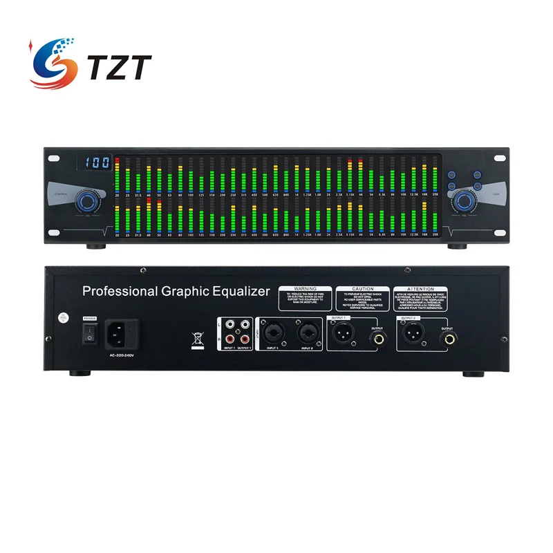 TZT Ecualizador gráfico profesional Ecualizador digital Pantalla de espectro dual de 31 bandas para uso doméstico en escenarios