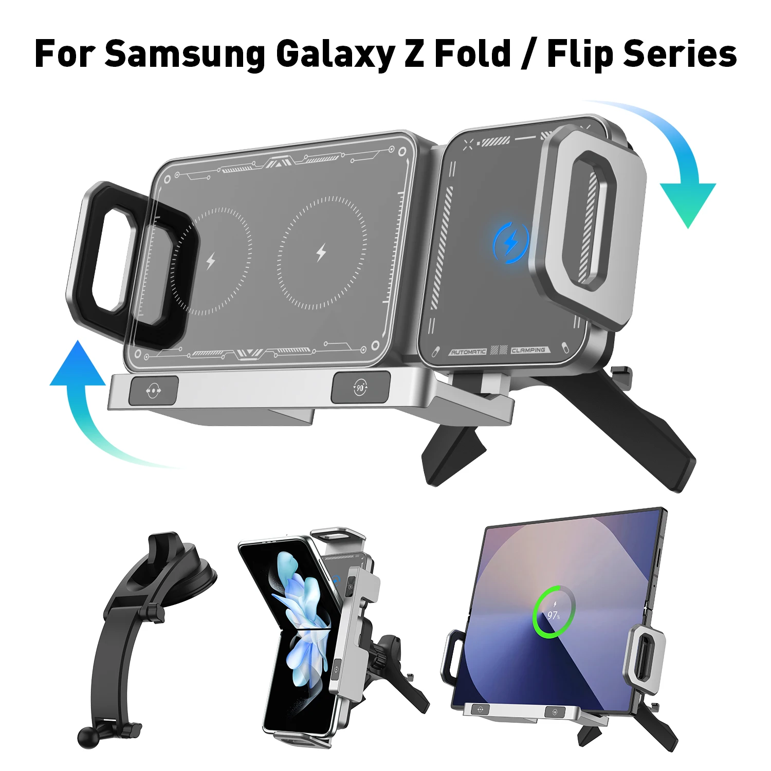 Cargador de coche inalámbrico para Samsung Galaxy Z Flip/Fold 6, gancho con ventosa, soporte para teléfono, bloqueo de rotación con un solo clic, carga rápida
