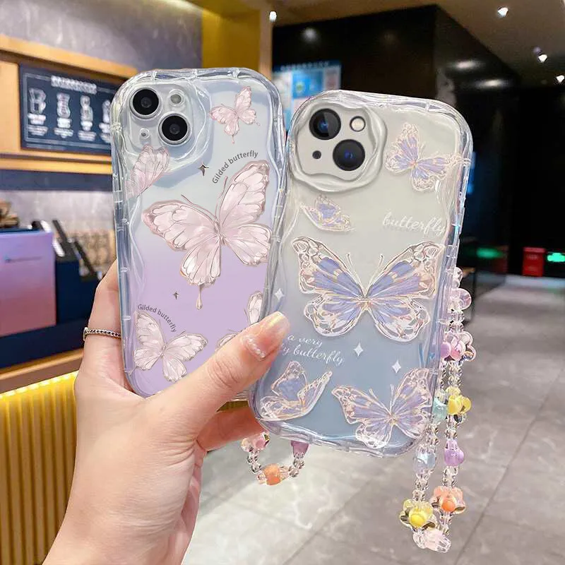 Funda de teléfono con cadena de flores y sonrisa bonita para Iphone 16 15 14 13 12 11 Pro Max 16 Plus 7 8 XR X XS 12 Mini cubierta de borde ondulado color crema - imagen 3