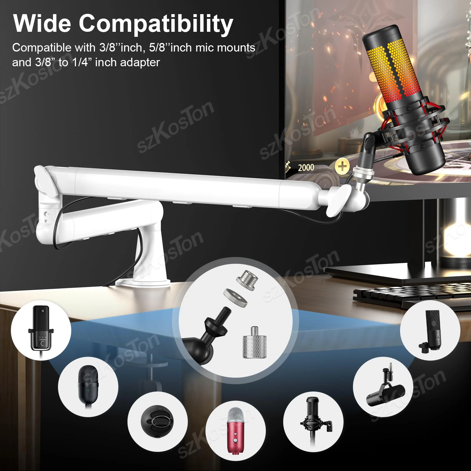 Soporte de micrófono de perfil bajo ajustable con brazo de soporte de micrófono blanco con elevador extendido y gestión de cables para SM7B MV7 AM8 K688 HyperX - imagen 4