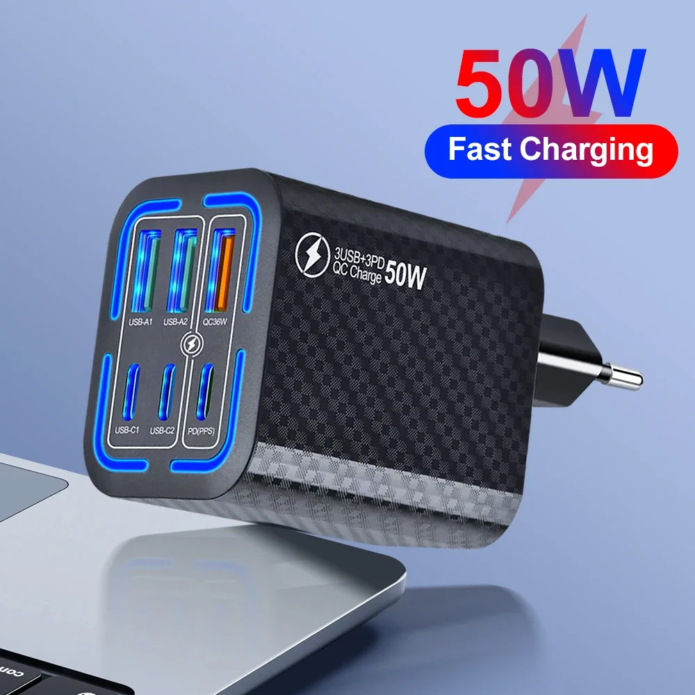 Cargador de 50W PD USB adaptador de carga rápida USB HUB teléfono móvil tipo C QC3.0 para iPhone 16 Pro Xiaomi Huawei Samsung soporte para teléfono