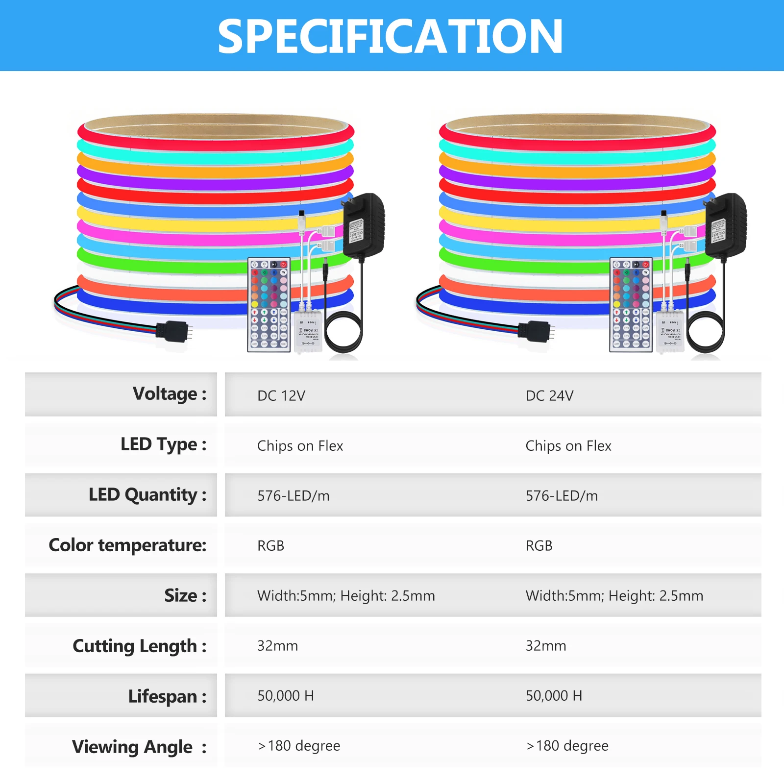 Tira de luces LED RGB COB, 12V, 24V, súper delgada, 5mm, Flexible, de alto brillo, cinta colorida RGB con Control remoto para decoración del hogar - imagen 4