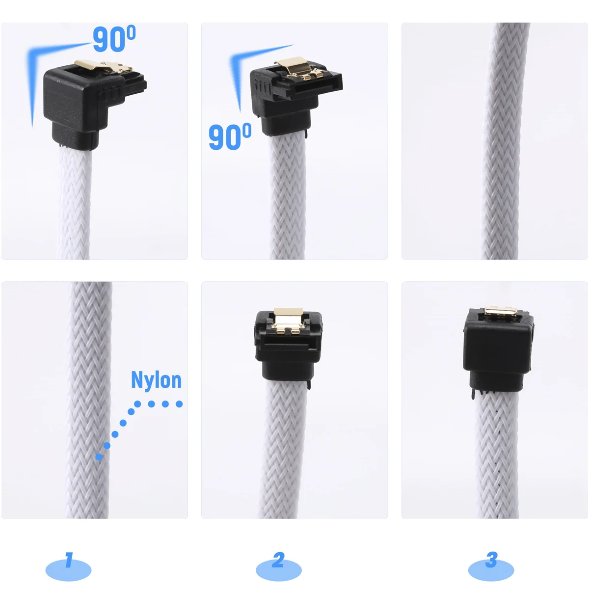 Cable de datos SATA 3,0 III SATA3 de 7 pines, 50CM, ángulo recto, 6 Gb/s, SSD, disco duro HDD, Cable de datos con funda de nailon (blanco) - imagen 5