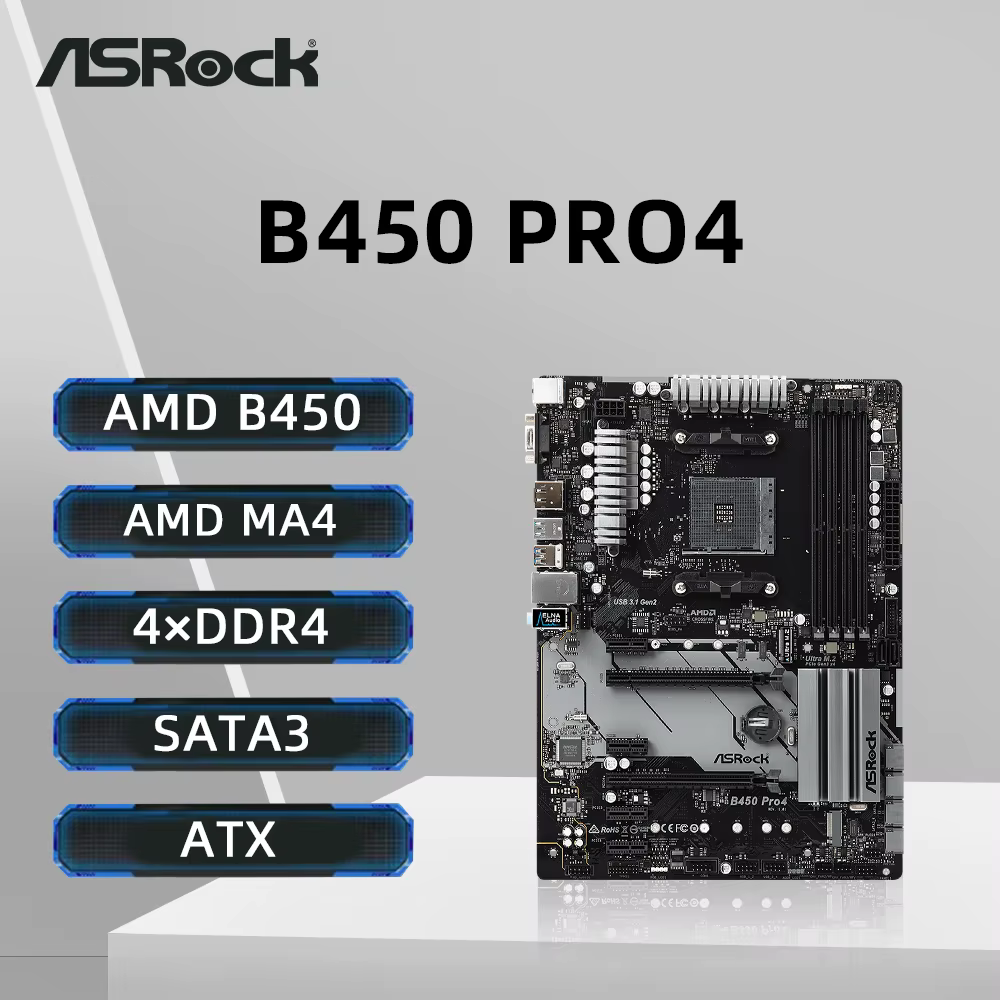 Placa base ASRock B450 PRO4 Memoria AMD B450 DDR4 Placa base AM4 M.2 NVME ATX (compatible con CPU Ryzen 5 5600G R7 5700X3D 5800X)