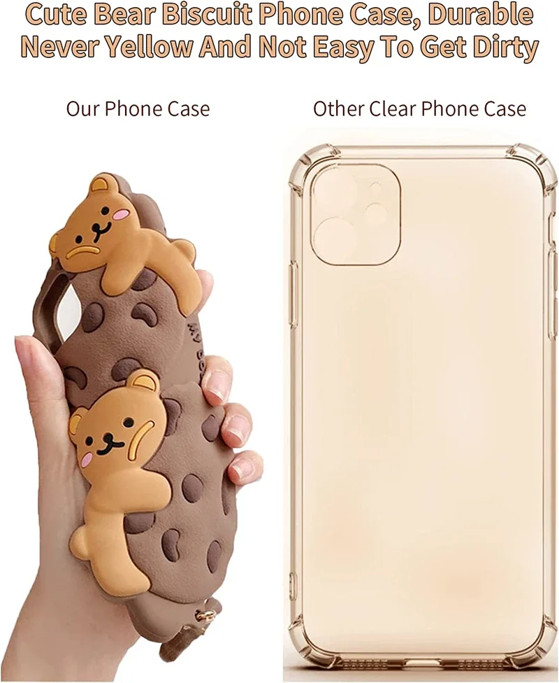 Funda de silicona con dibujo de oso galleta Kawaii para IPhone 14, 13, 11, 12, 15 Pro Max Plus XS XR X 15Pro con funda para llavero con cordón - imagen 4