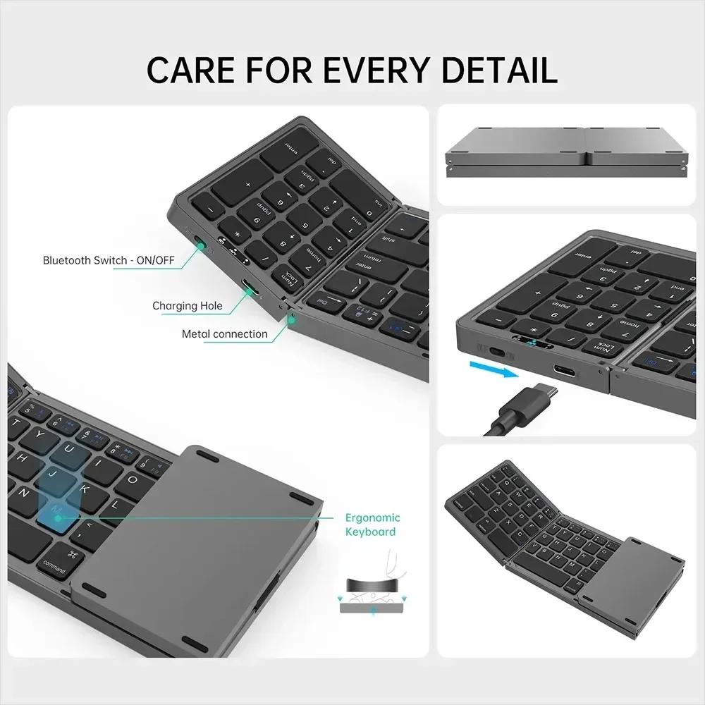 Teclado Bluetooth plegable, teclado recargable, Mini teclado portátil, teclado inalámbrico silencioso para ordenador portátil, Windows, Android IOS - imagen 5
