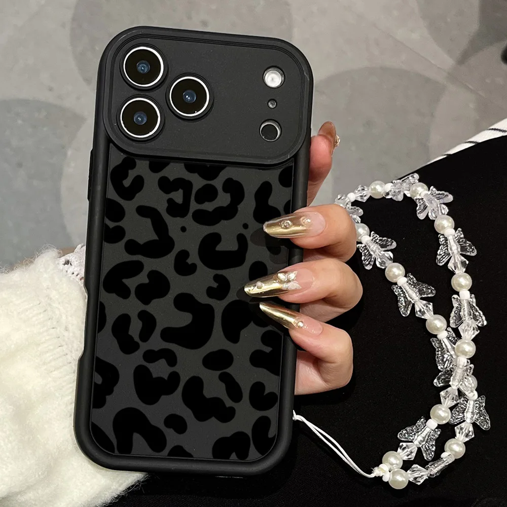 Funda de teléfono con estampado de leopardo negro para iPhone 11 12 13 14 15 16 17 Pro Max 16e 17Air X XR XS Max 7 8 Plus con cubierta con cordón