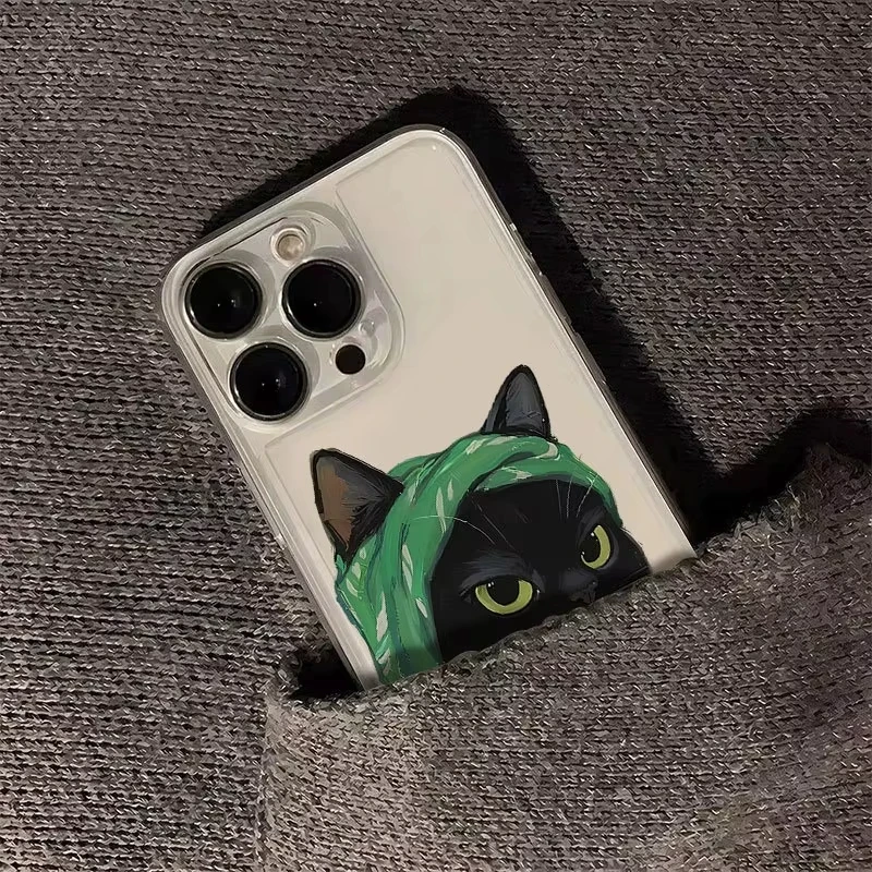 Bufanda de dibujos animados, funda de teléfono con patrón de gato negro para iPhone 17 Air X XR XS Max Mini 16 15 14 13 12 11 Pro Max, funda suave de tendencia encantadora - imagen 4