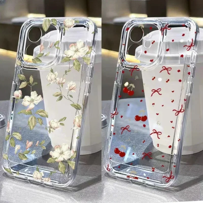 Funda de teléfono con estampado de flor de cerezo y lazo bonito para Realme C53 C51 C75 C67 C63 C65 9 12 Pro Plus 8 9 Pro 5G, Fundas transparentes florales