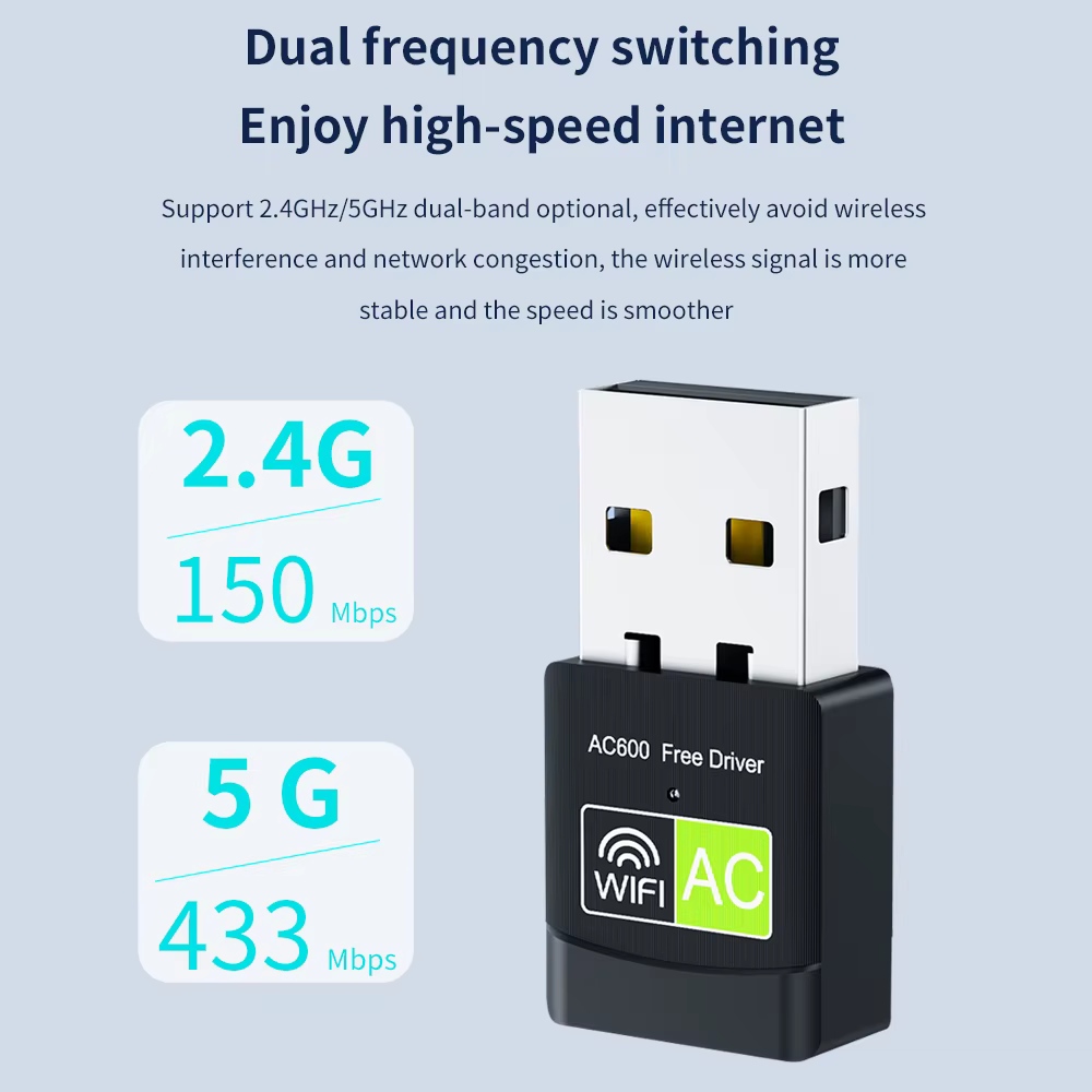 TISHIRC-Adaptador de tarjeta de red inalámbrica de doble banda de 600Mbps, adaptador WIFI Ethernet USB 2,4 de 2,0 GHz + 5GHz para PC y portátil - imagen 5