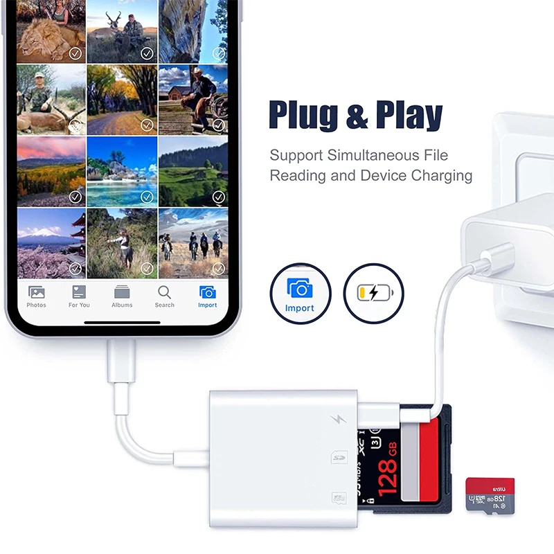 Adaptador de tarjeta de memoria para Apple iPhone, lector de tarjetas Lightning a SD con puertos de carga, visor de cámara para unidad Flash iPhone iPad - imagen 5