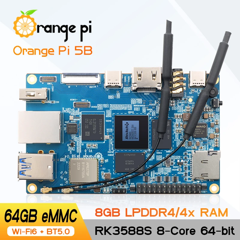Orange Pi 5B 8GB RAM + 64GB EMMC 64-bit Rockchip RK3588S WIFI integrado de doble banda + BT Puerto Lan Gigabit Mini PC computadora de placa única - imagen 2